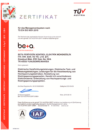 Beta Elektrik Mühendislik Kalite Belgelerimiz